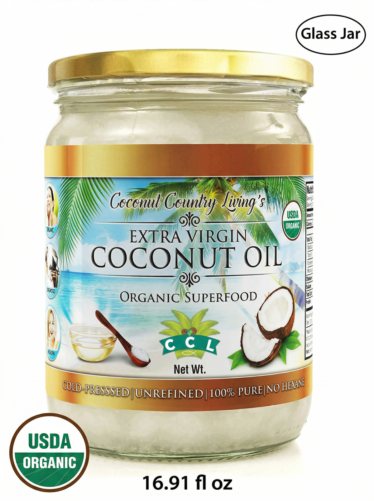 Organic Coconut Oil 16.91 oz Extra Virgin Unrefined Cold Pressed for Cooking, Hair and Skin Lotion