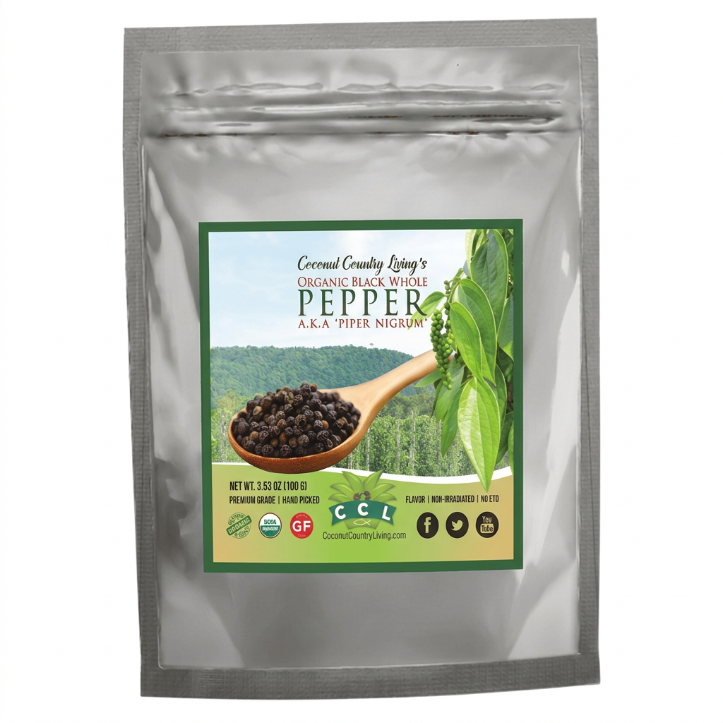 Organic Black Peppercorns (Whole Pepper), Fairtrade Packed Fresh w/E-Book